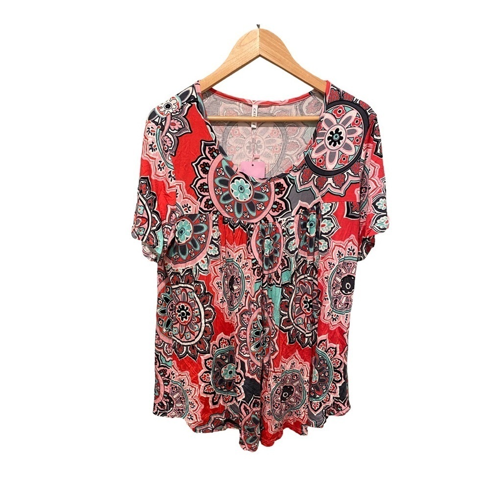 Cathy Short Sleeve Pleated Blouse Loose Flowy Tunic Top NWT Size 3XL